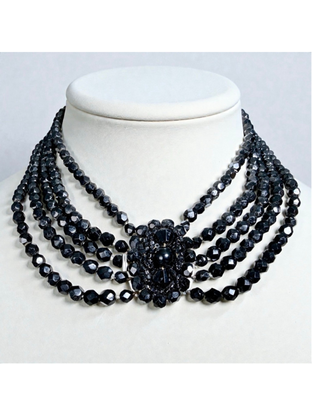 Antique French Jet Glass Multi Strand Collar Necklace c1900 Victorian Mourning